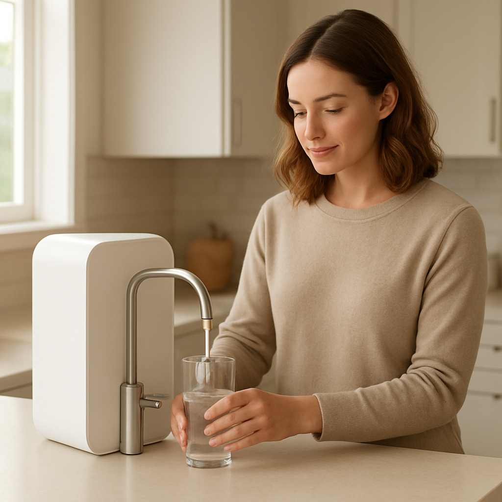 Person filling a glass at a countertop reverse-osmosis water system